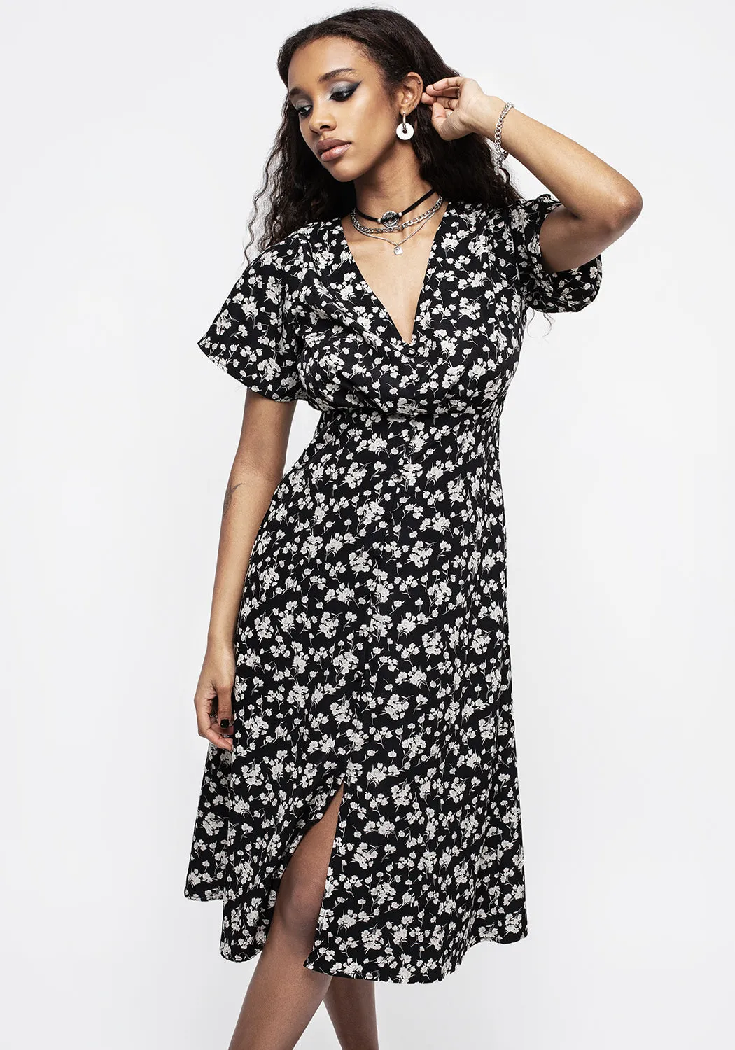 Demeter Print V-Neck Button Down Midi Dress