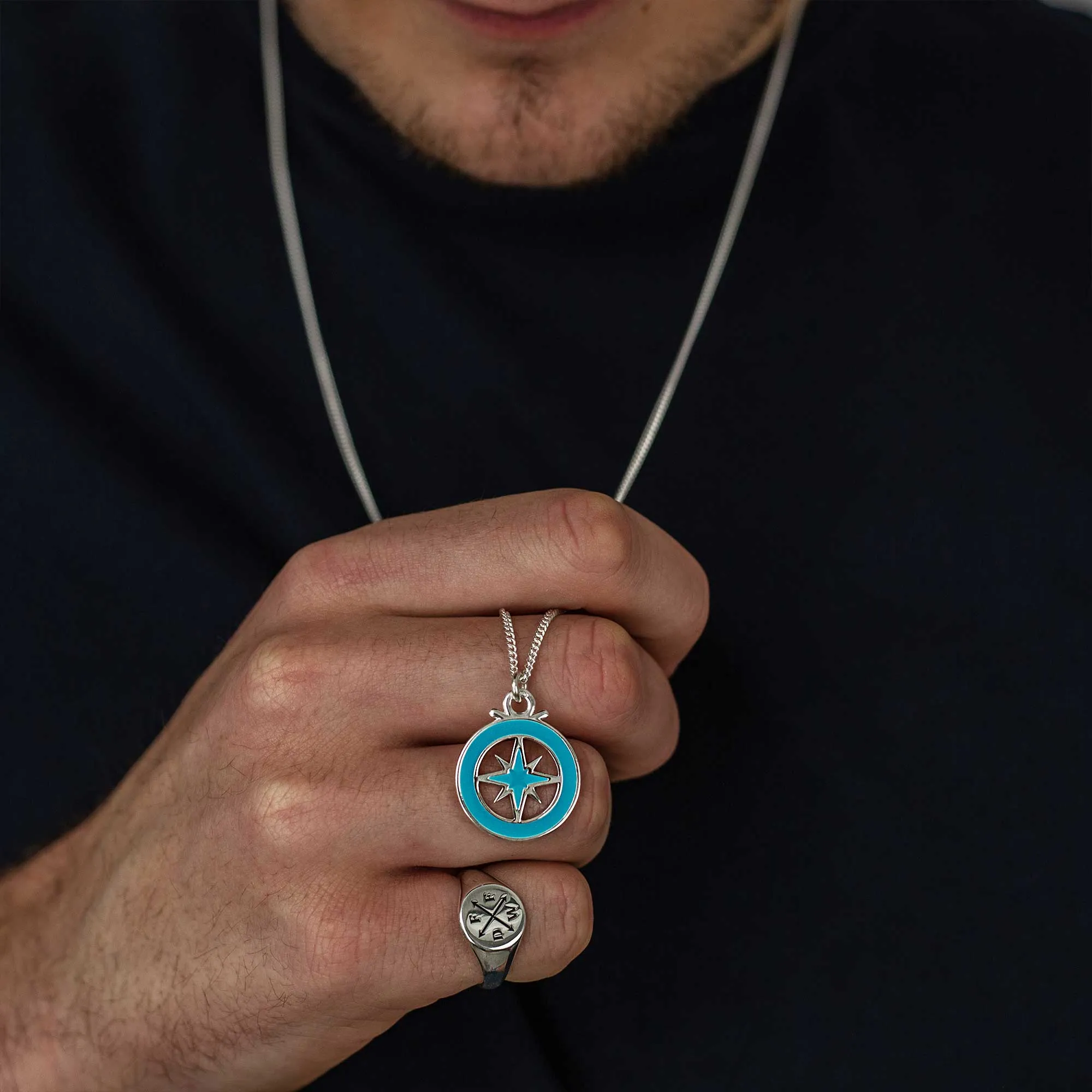 Enamel Outline Compass Large St Christopher Silver Necklace