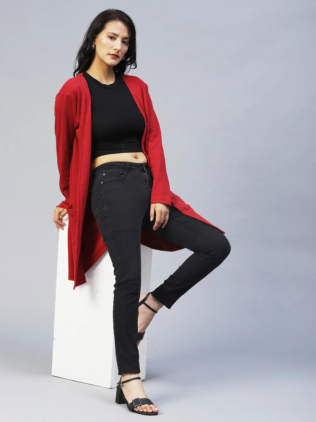 Front Open Waffle Knit Long Shrug