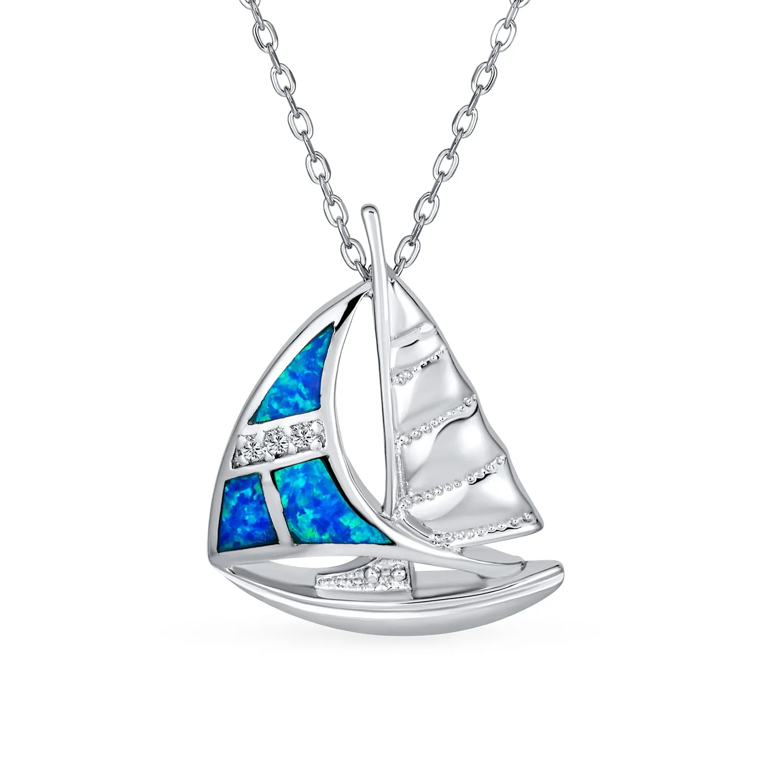 Gemstone Blue Opal Nautical Boat Sailboat Necklace .925 Sterling Silver