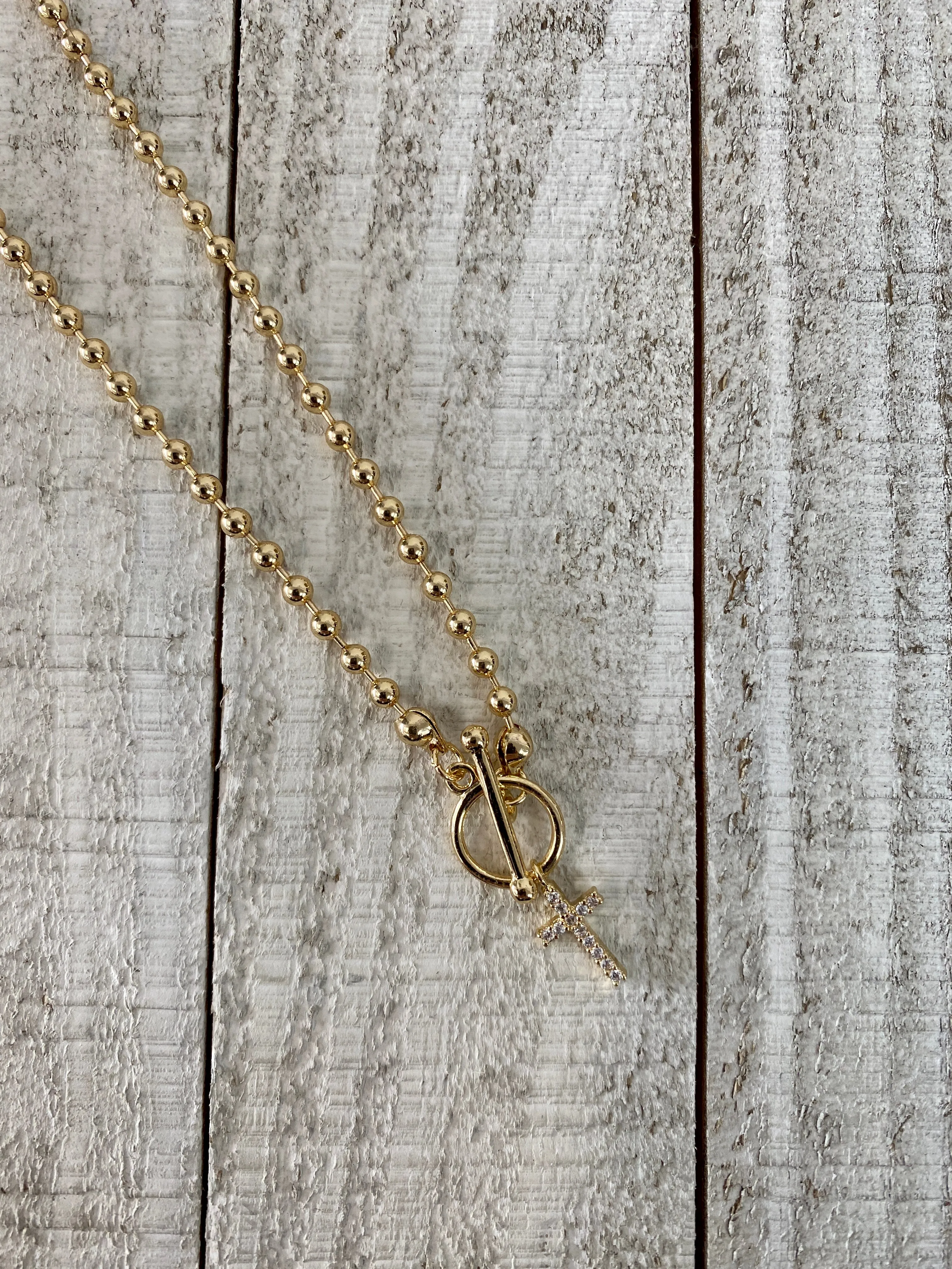 GOLD BEADED NECKLACES WITH CZ CROSS PENDANT