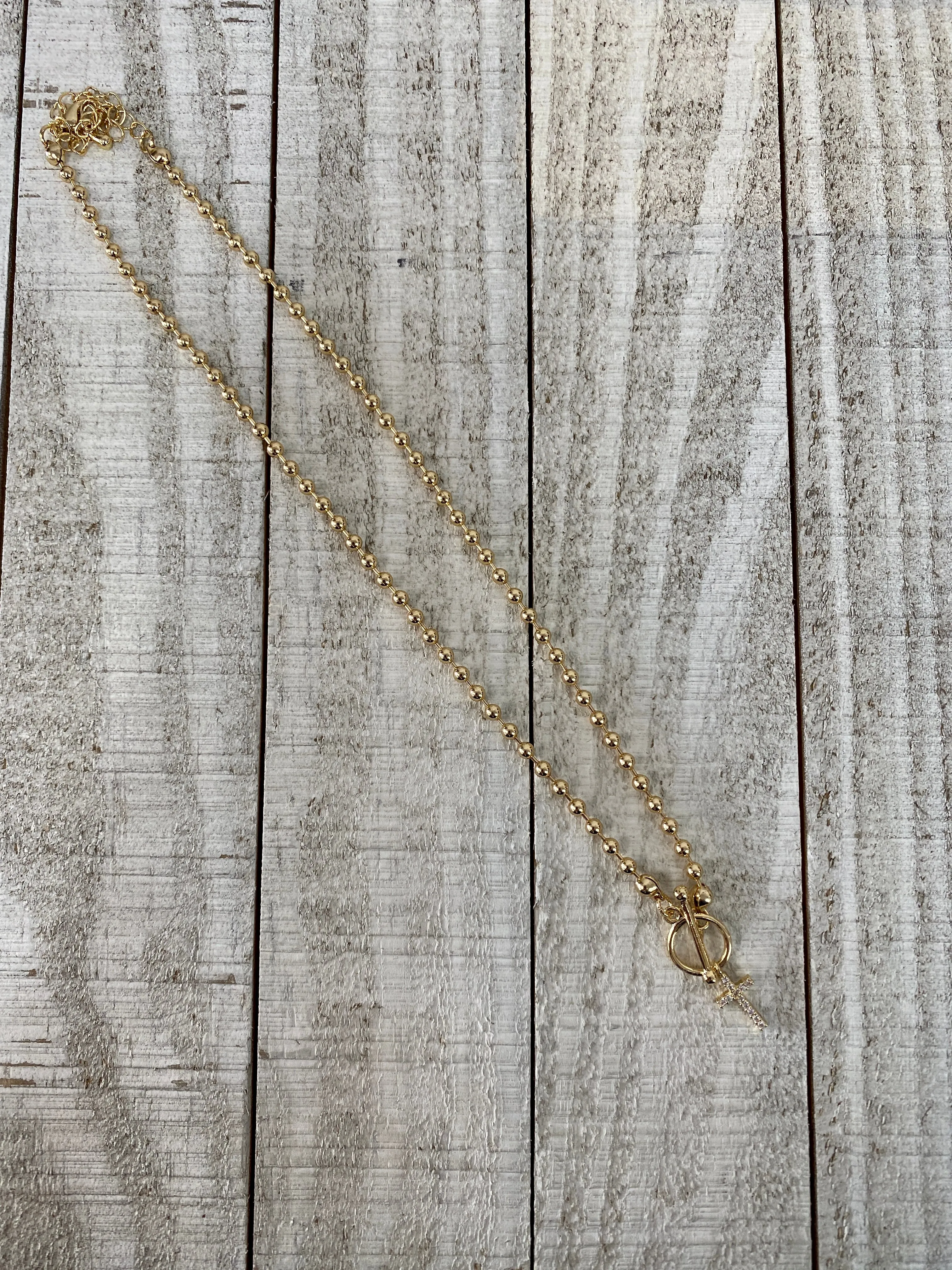 GOLD BEADED NECKLACES WITH CZ CROSS PENDANT