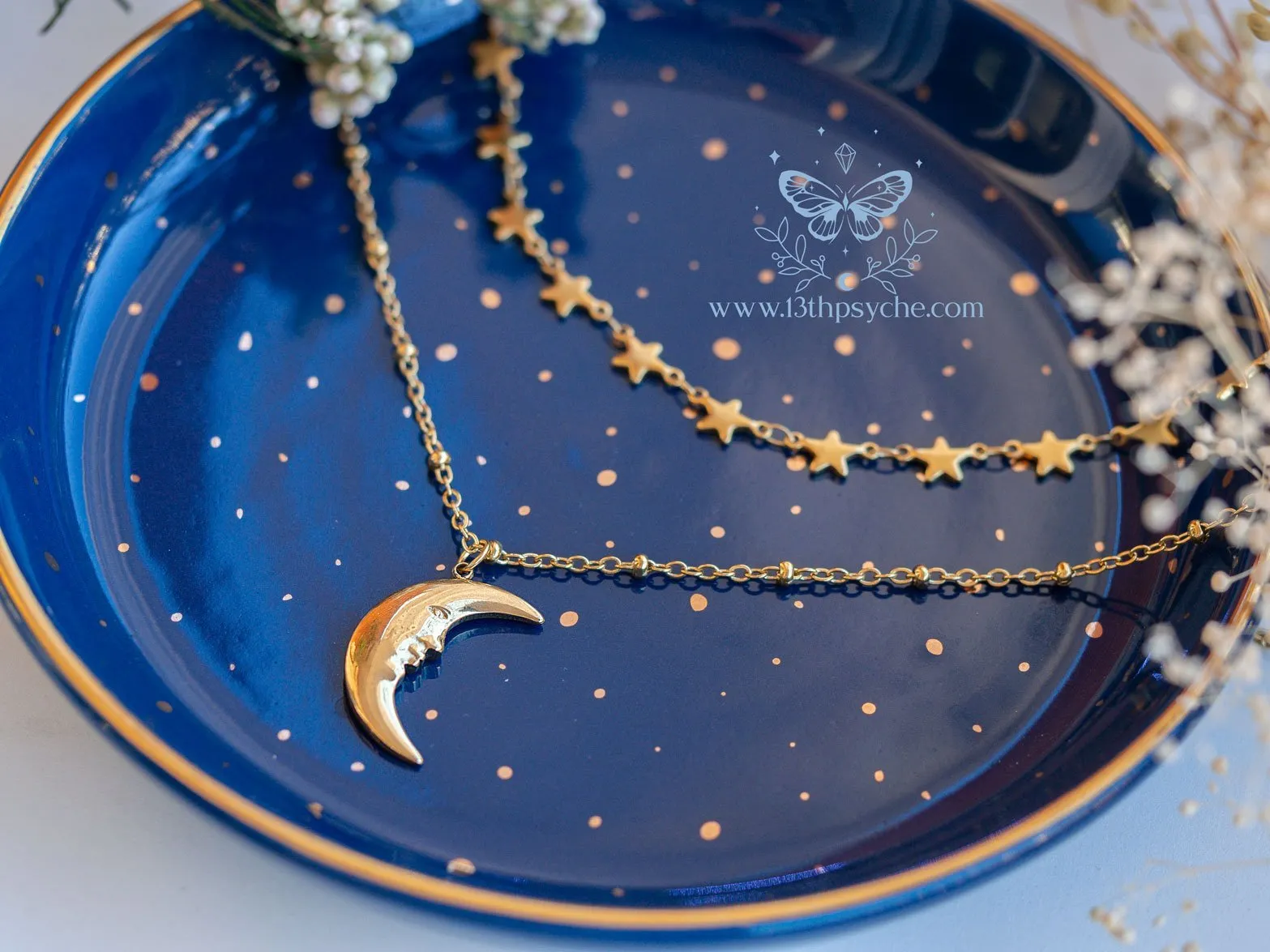 Gold stars choker and moon pendant 2 necklace set