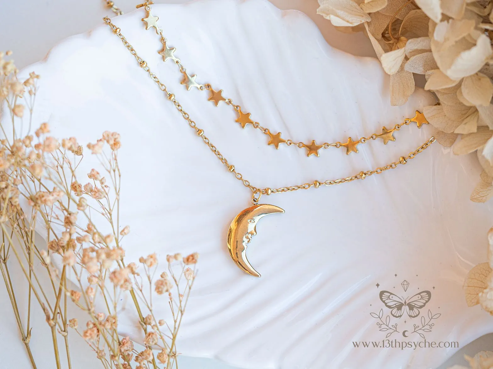 Gold stars choker and moon pendant 2 necklace set