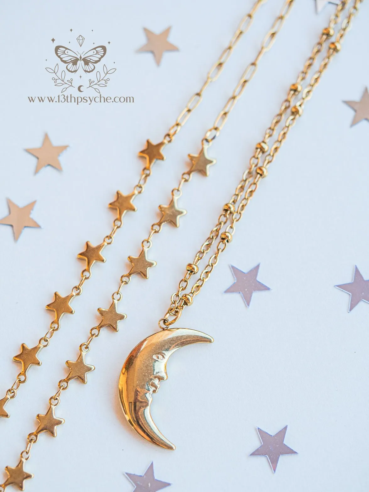 Gold stars choker and moon pendant 2 necklace set