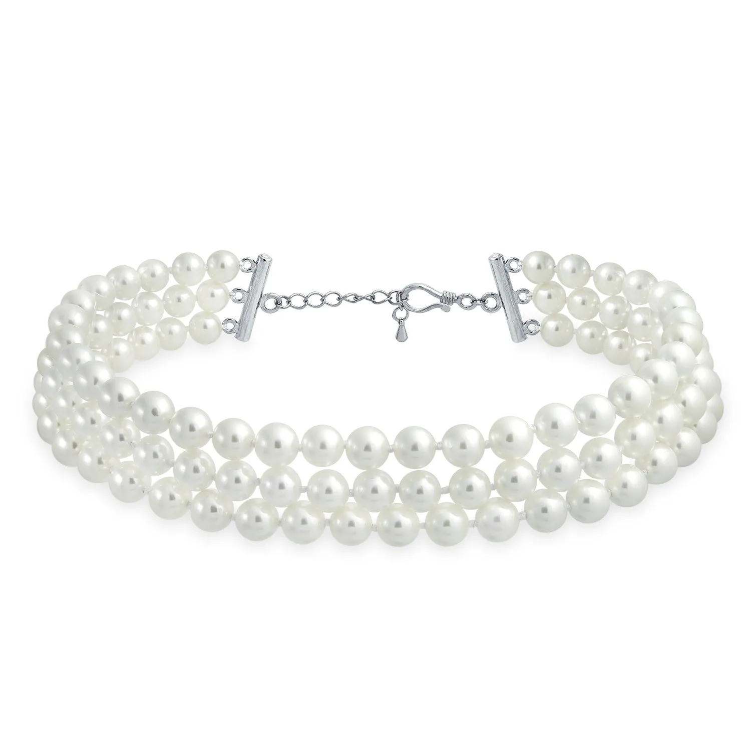 Hand Knotted 3 Row Wide Imitation Pearl Strand Choker Necklace