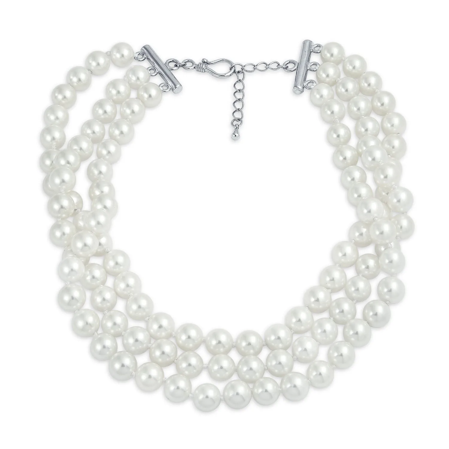 Hand Knotted 3 Row Wide Imitation Pearl Strand Choker Necklace