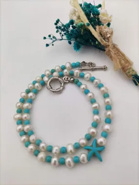 Healing necklace with pearls and turquoise stones