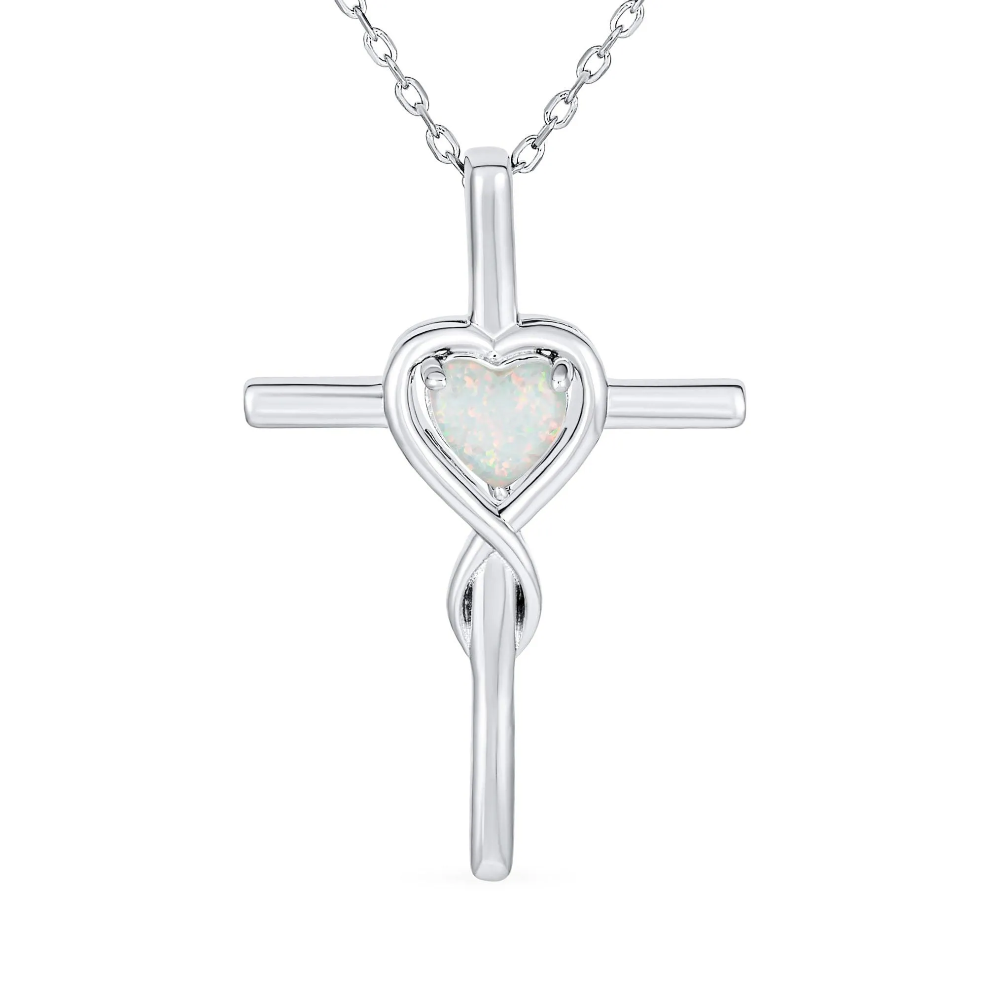 Heart Infinity White Created Opal Cross Pendant Necklace .925 Sterling Silver