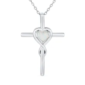 Heart Infinity White Created Opal Cross Pendant Necklace .925 Sterling Silver