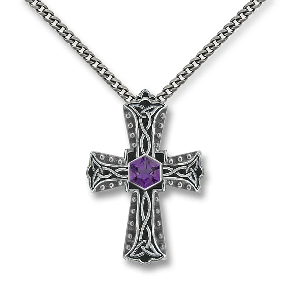 Large Silver Gothic Cross Pendant Celtic Necklace, Amethyst Hexagon Solid Silver