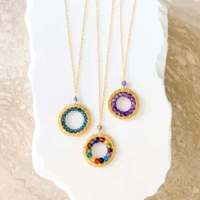 London Blue Quartz, Rainbow Gemstone and Amethyst Halo Mini Gold Pendants