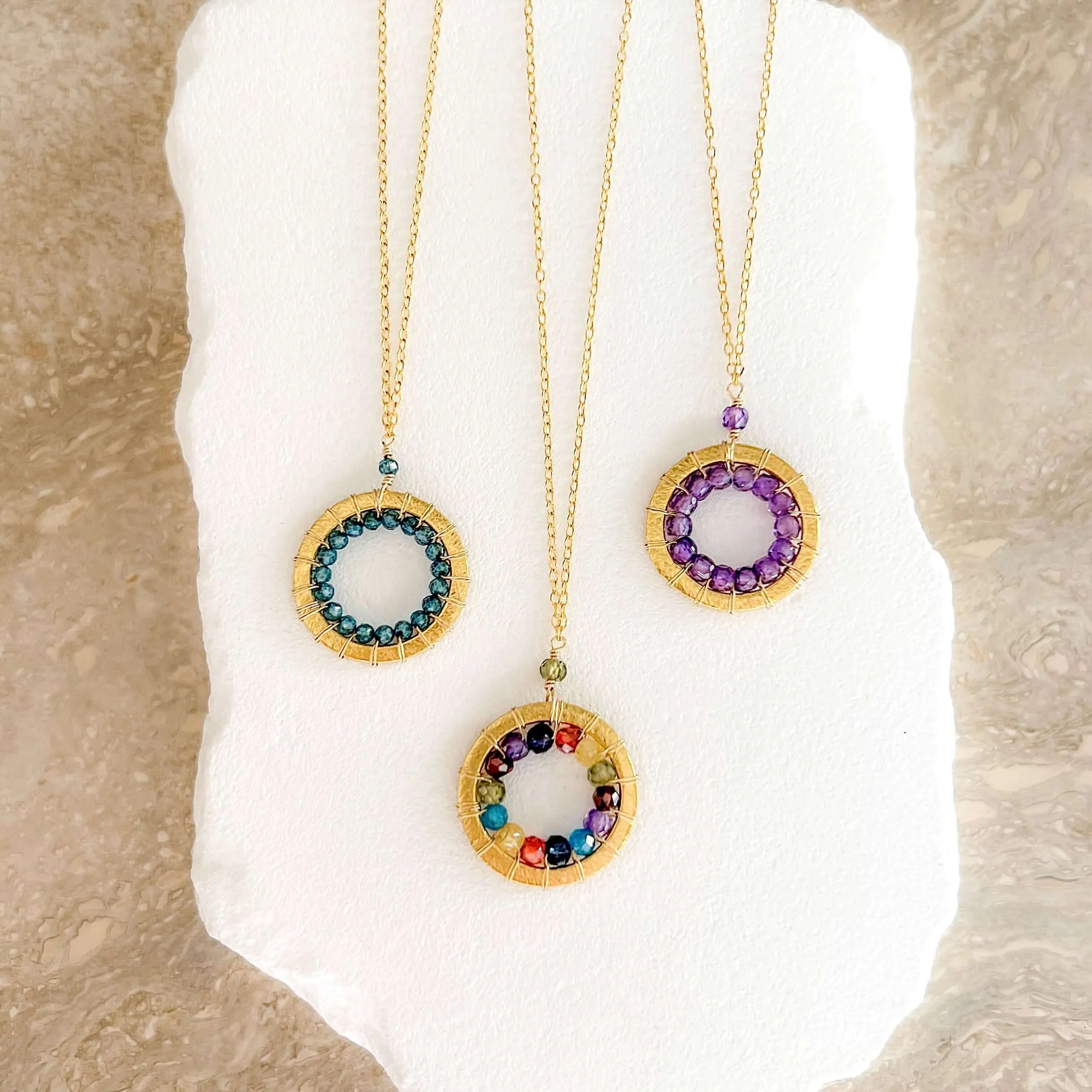 London Blue Quartz, Rainbow Gemstone and Amethyst Halo Mini Gold Pendants