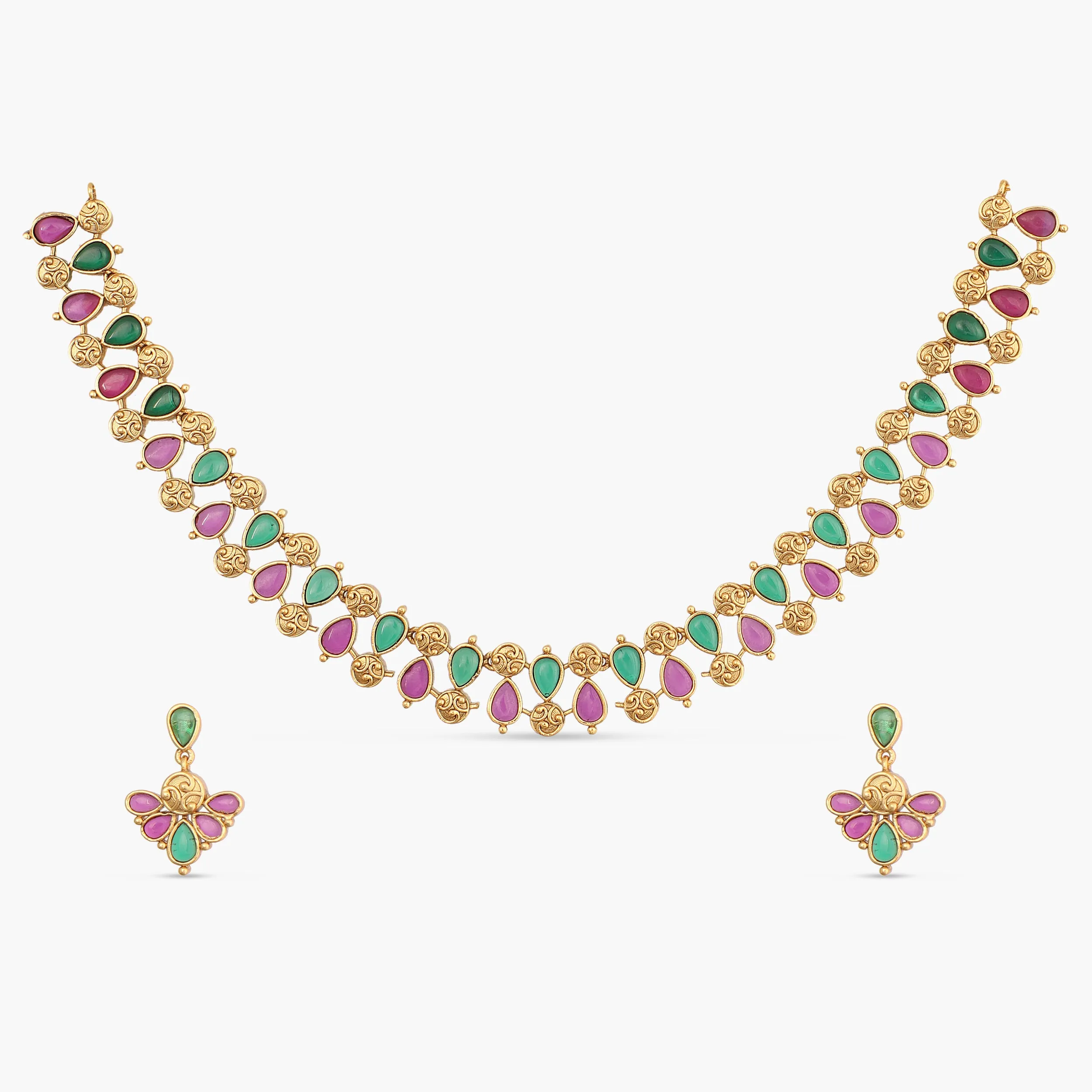 Nirvana Antique Red Green Kempu Necklace Set