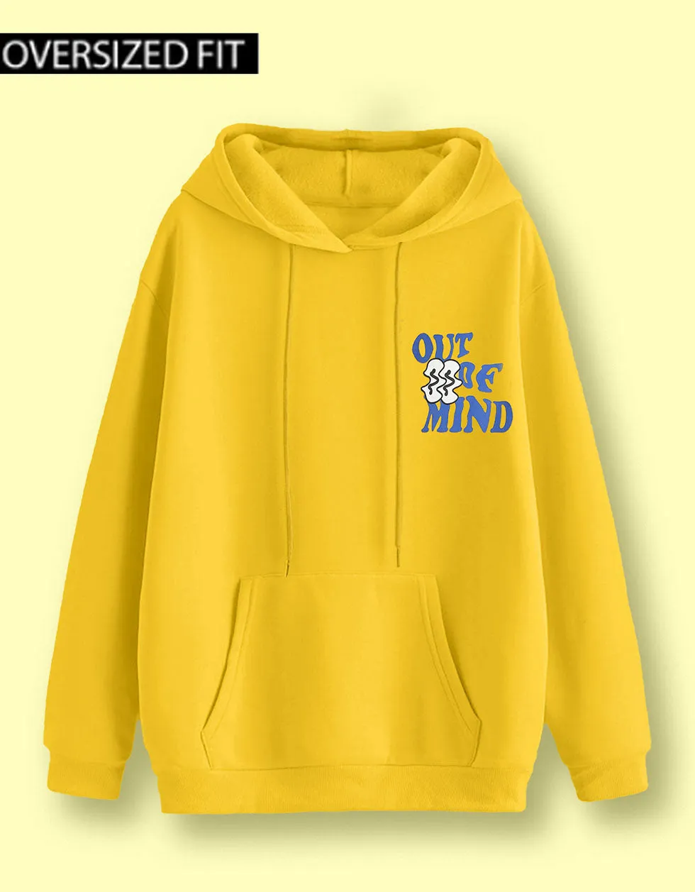 Out of Mind Mustard Oversized Pocket Typographic Printed  Hoodie