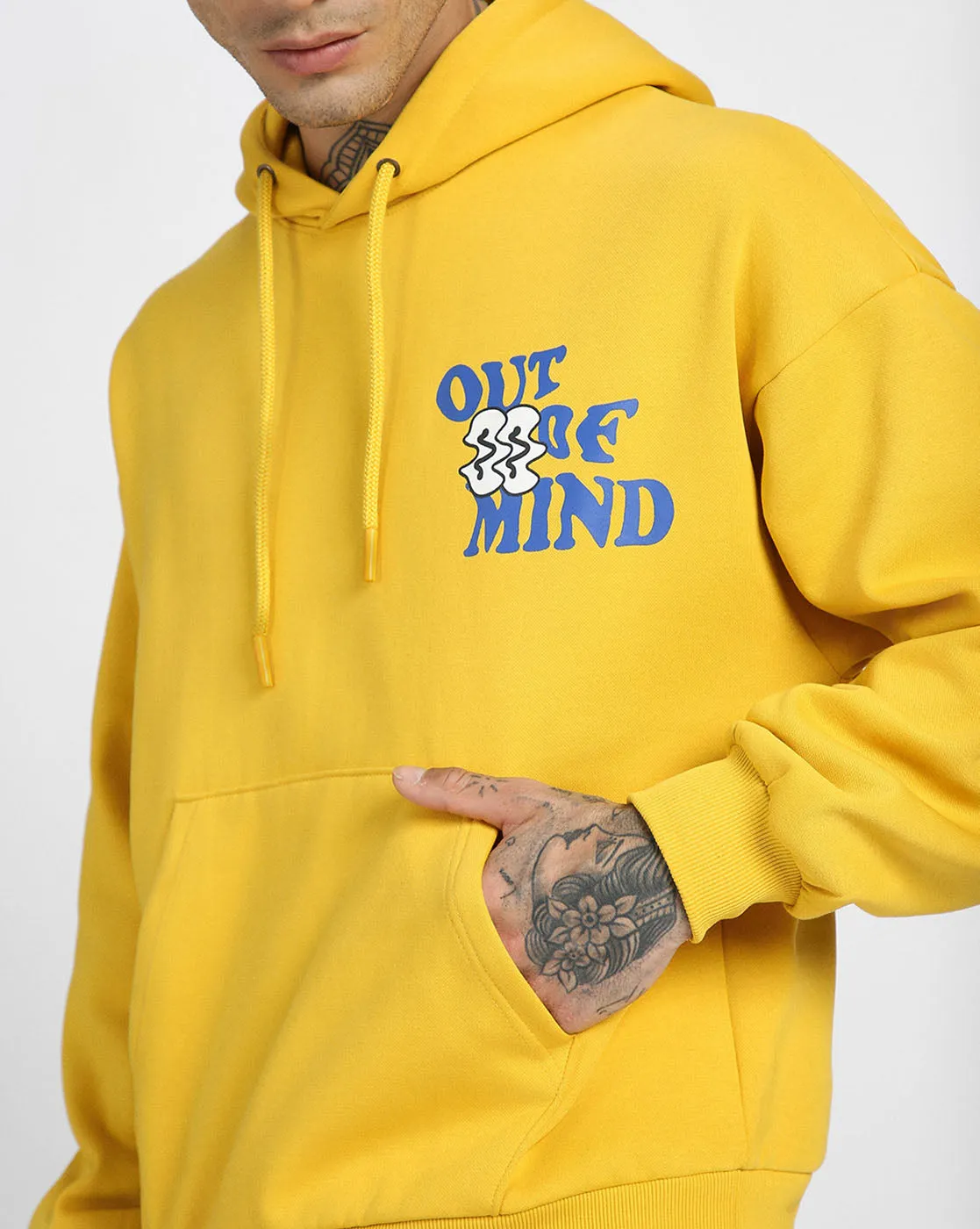 Out of Mind Mustard Oversized Pocket Typographic Printed  Hoodie