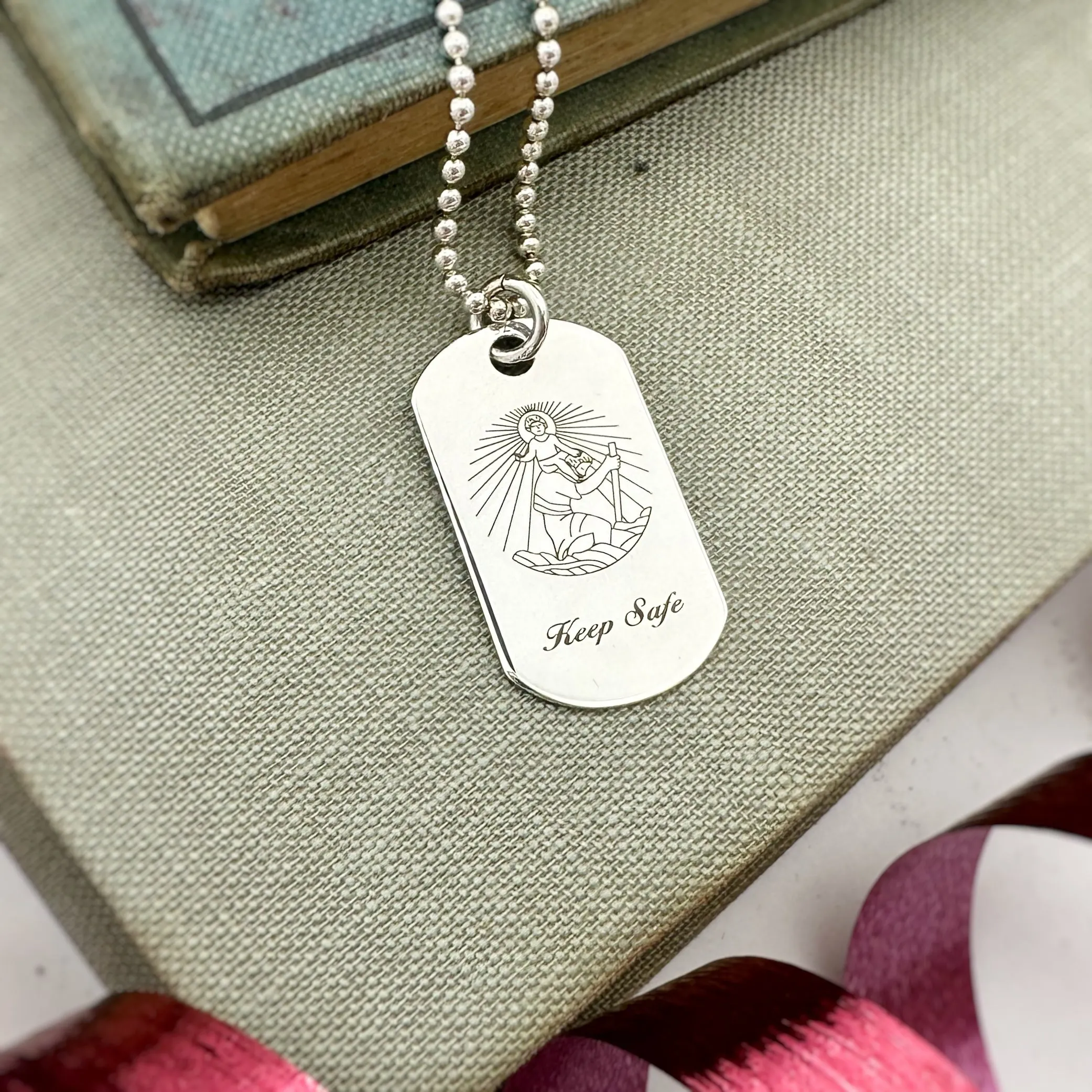 Personalised Skinny Dog Tag St Christopher Silver Necklace