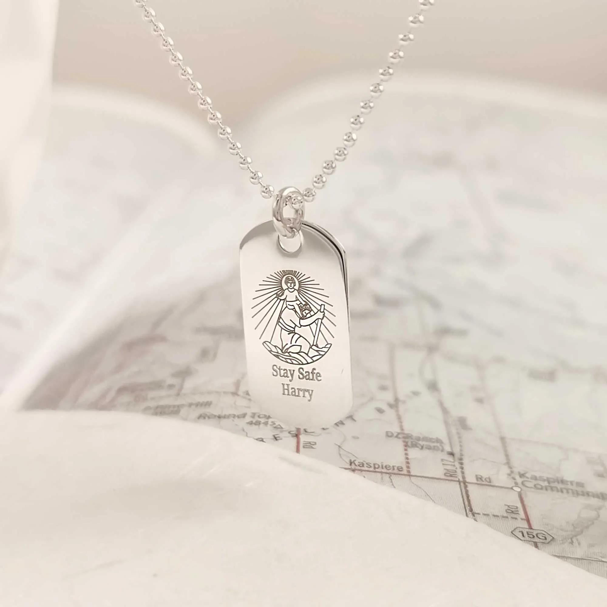 Personalised Skinny Dog Tag St Christopher Silver Necklace