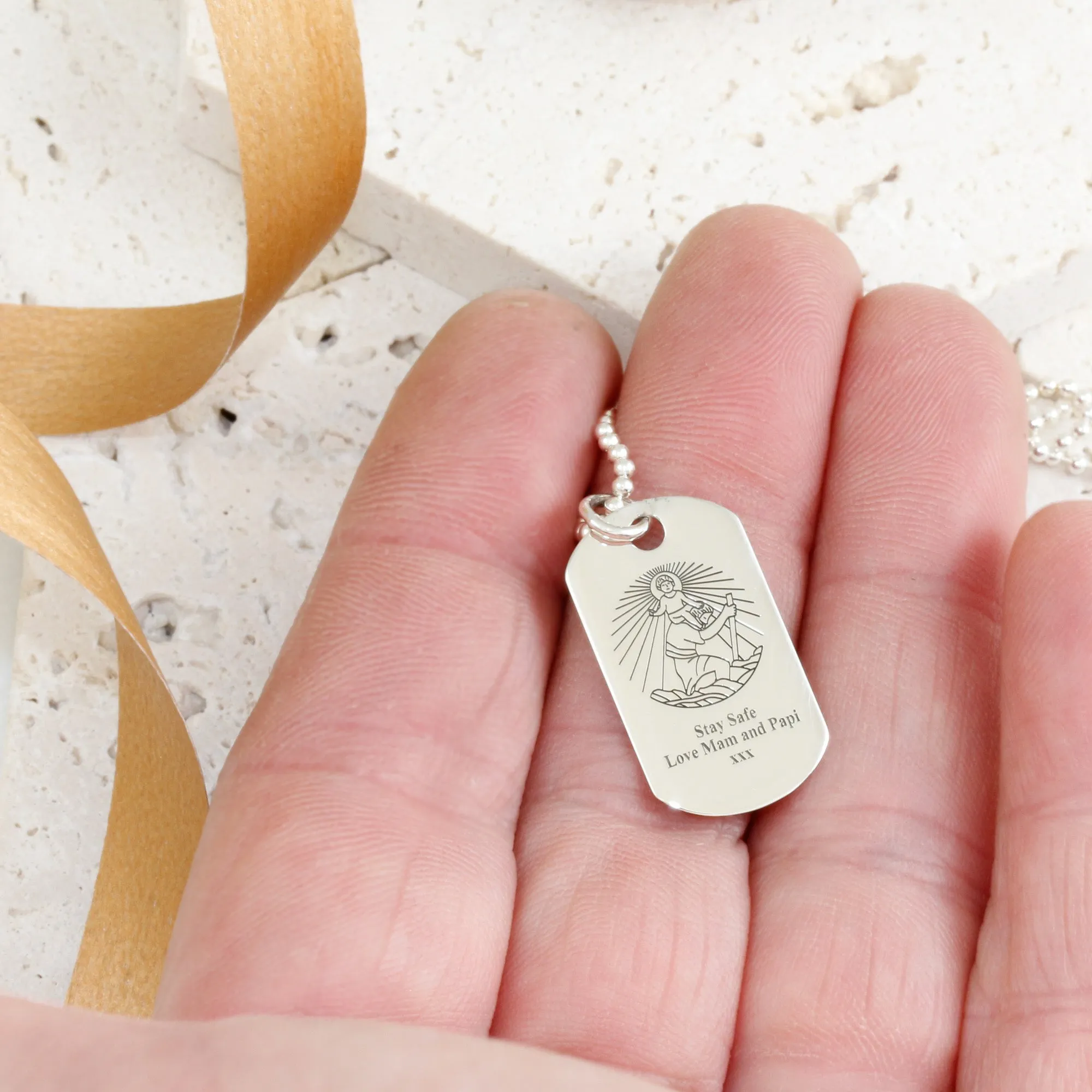 Personalised Skinny Dog Tag St Christopher Silver Necklace