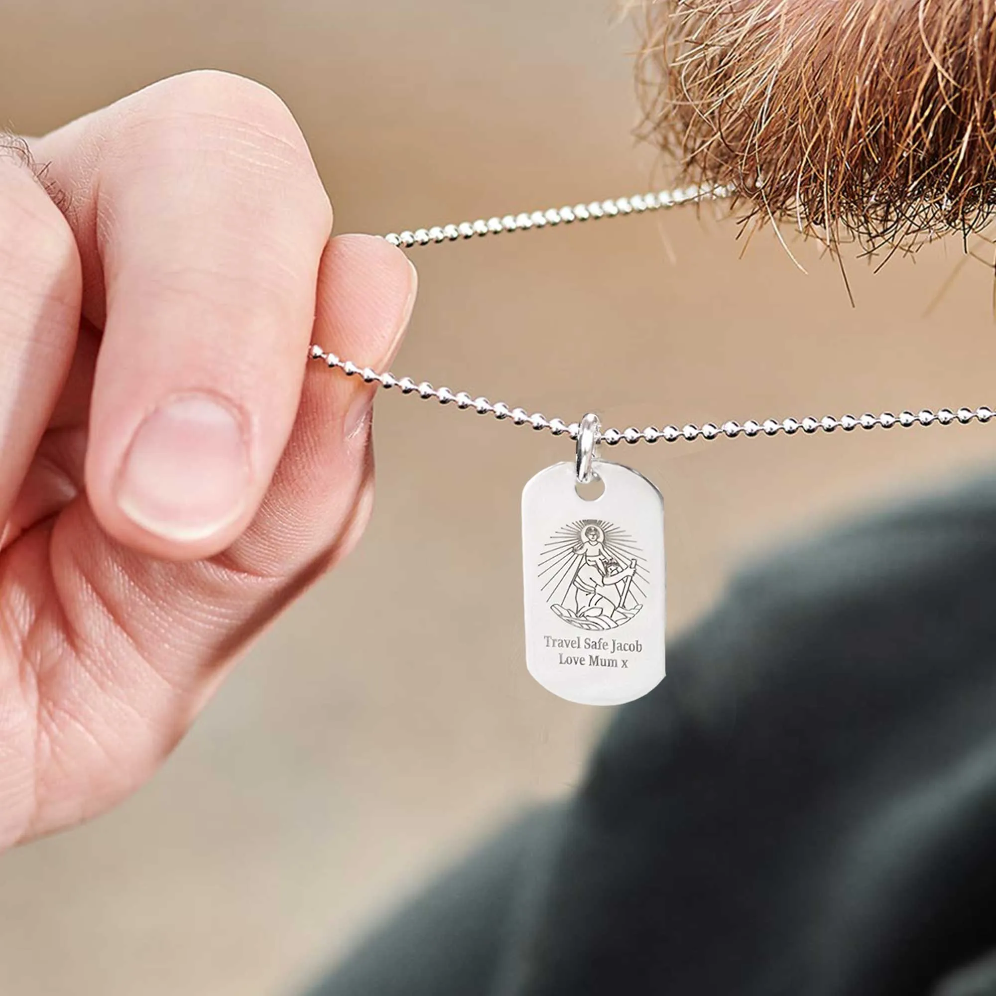 Personalised Skinny Dog Tag St Christopher Silver Necklace