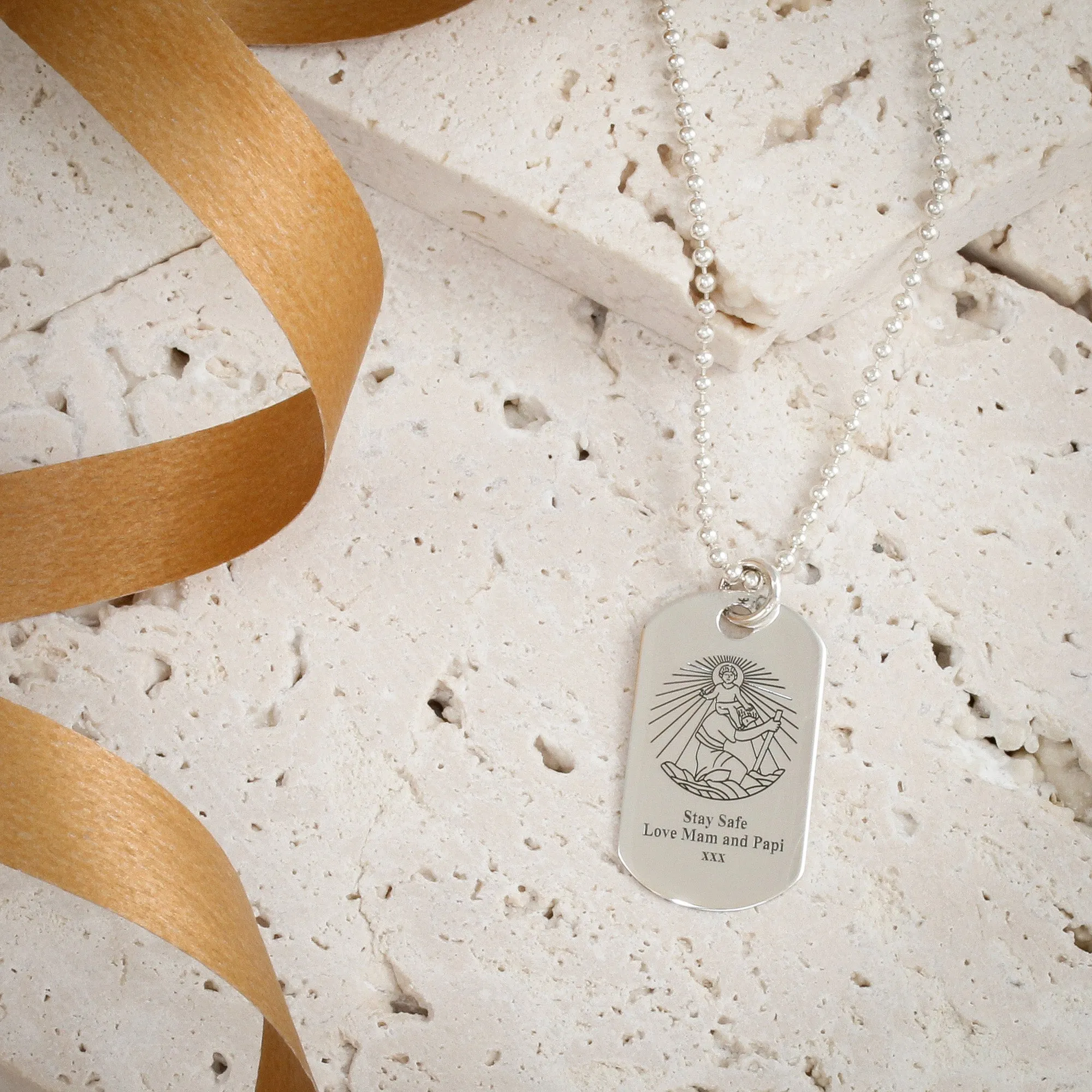 Personalised Skinny Dog Tag St Christopher Silver Necklace