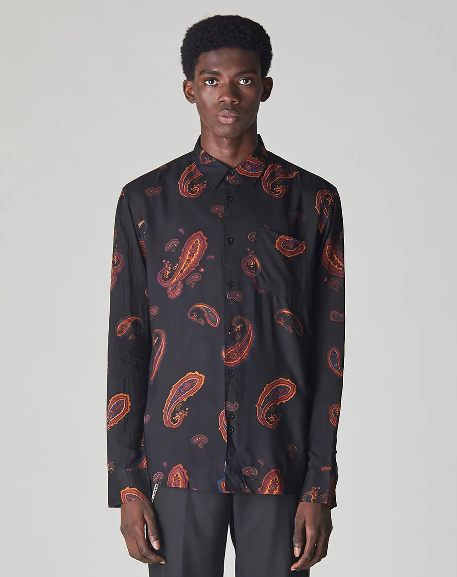 RIMBAUD PAISLEY PRINT LONG SLEEVE MENS SHIRT | BLACK