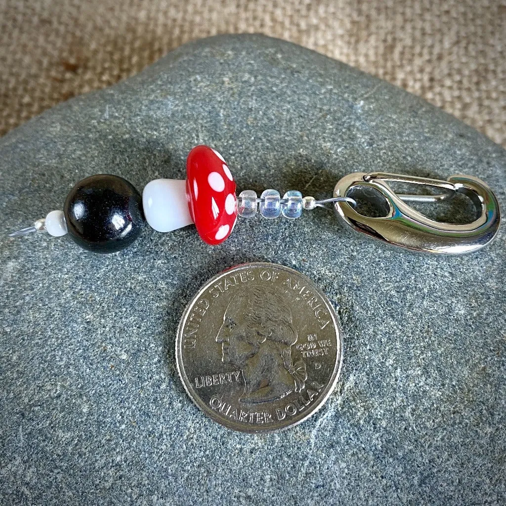 Shungite Clip-On with Red & White Glass Mushroom, Fun & Colorful