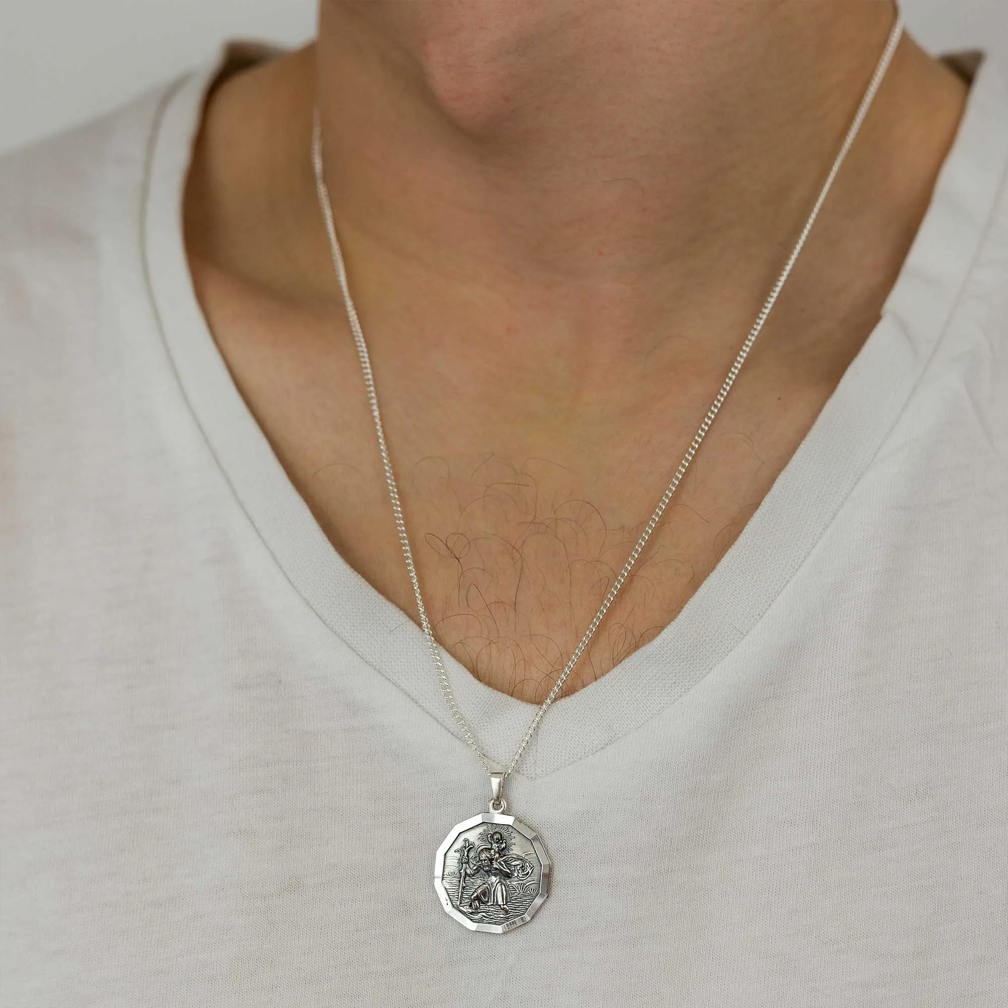 St Christopher Large Dodecagon Personalised Silver Necklace