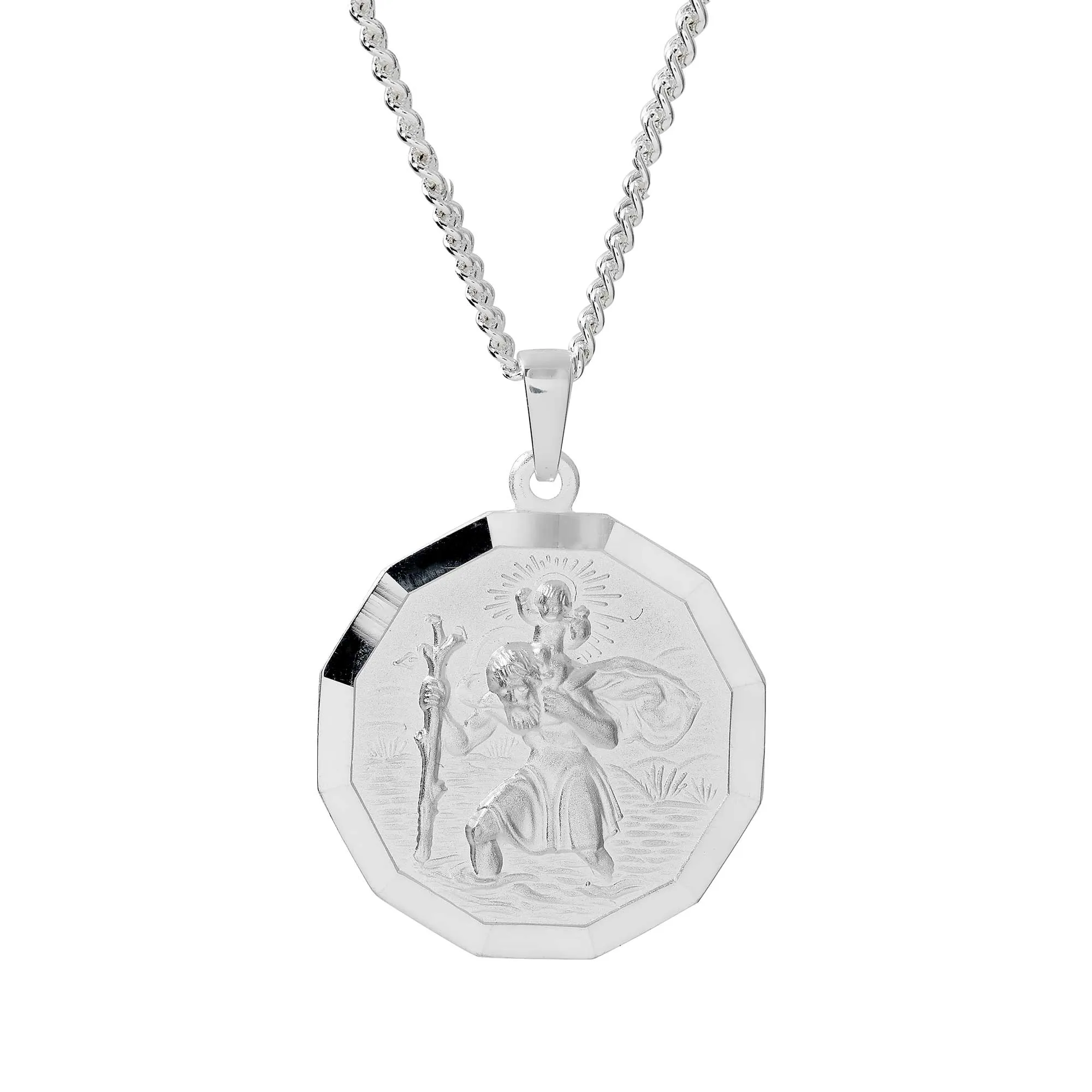 St Christopher Large Dodecagon Personalised Silver Necklace