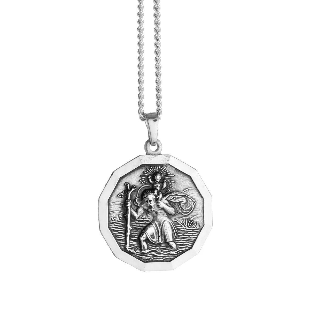 St Christopher Large Dodecagon Personalised Silver Necklace