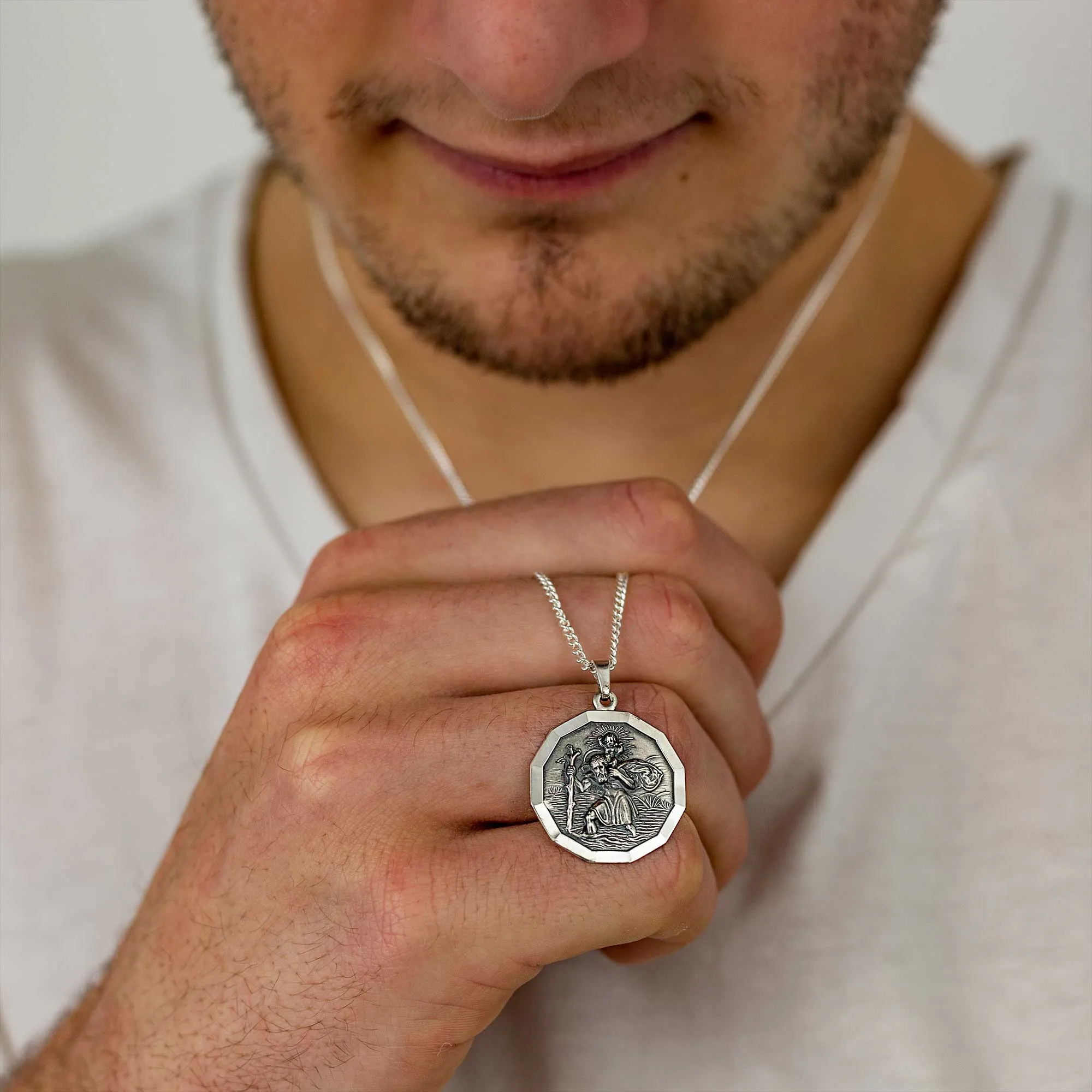 St Christopher Large Dodecagon Personalised Silver Necklace