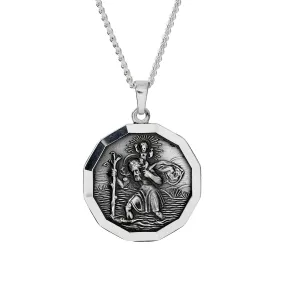 St Christopher Large Dodecagon Personalised Silver Necklace