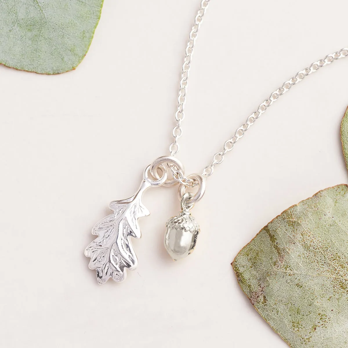 Tiny Acorn & Oak Leaf Silver Necklace