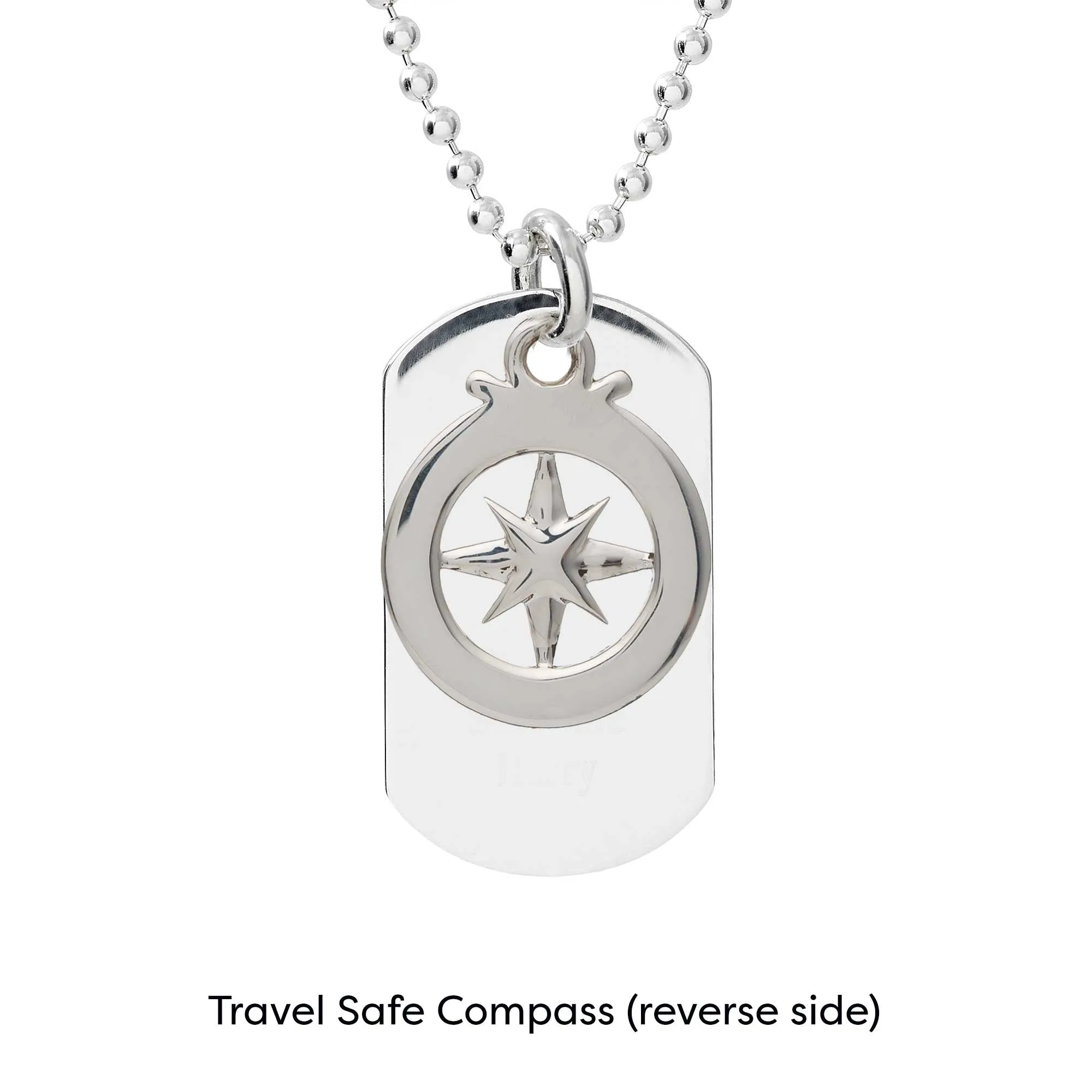 Travel Safe Compass Coordinates Dog Tag Silver Necklace