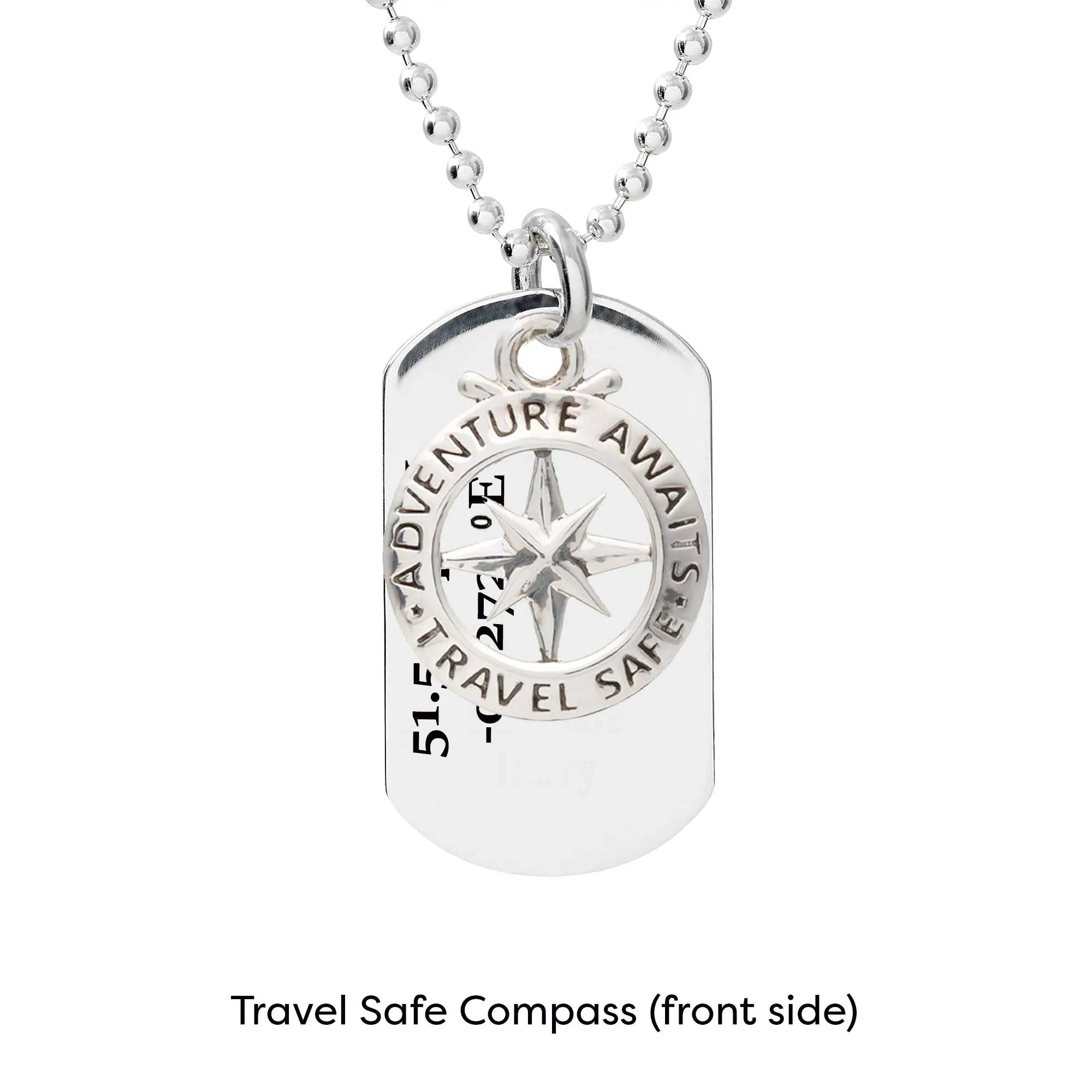 Travel Safe Compass Coordinates Dog Tag Silver Necklace