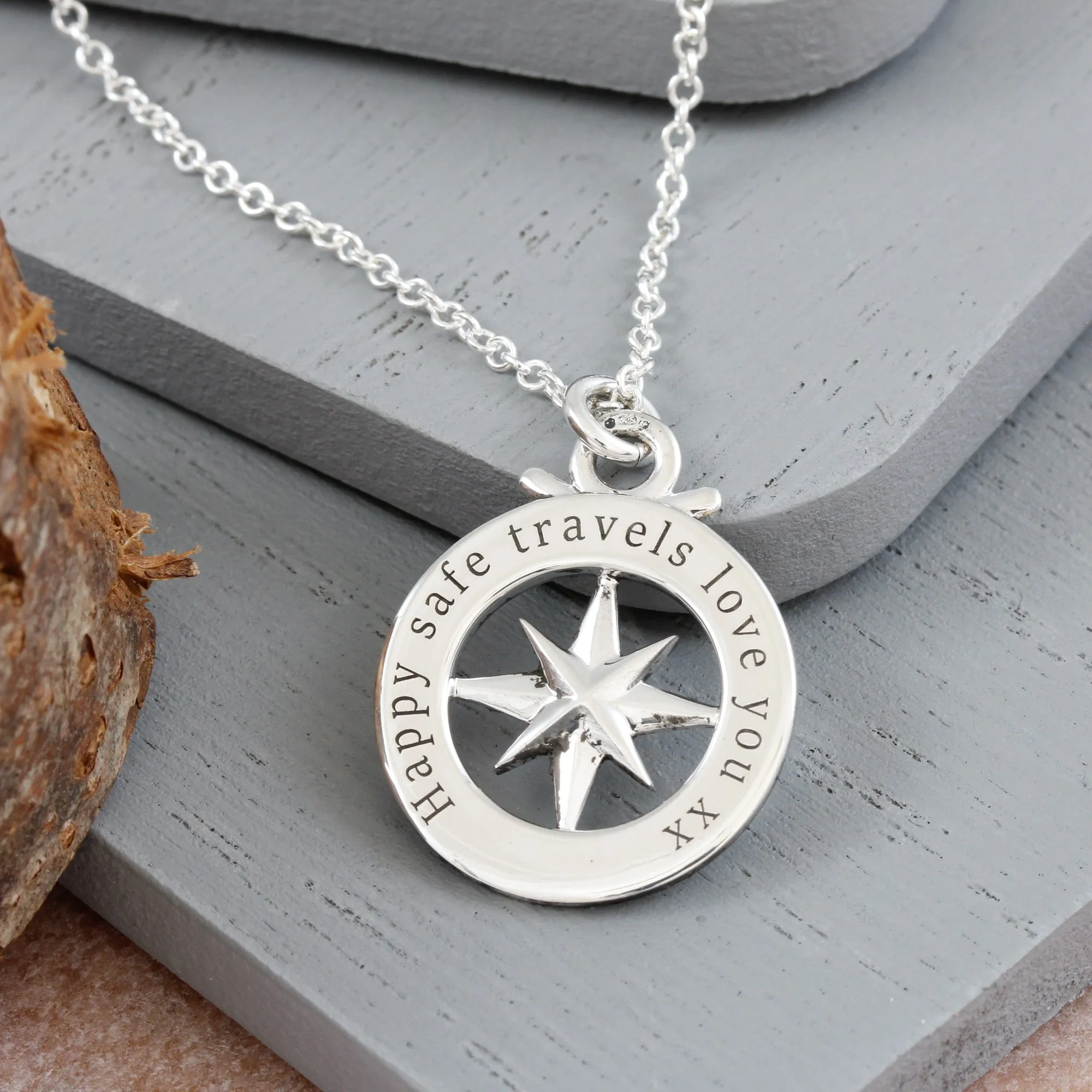 Travel Safe Outline Compass Small St Christopher Silver Necklace