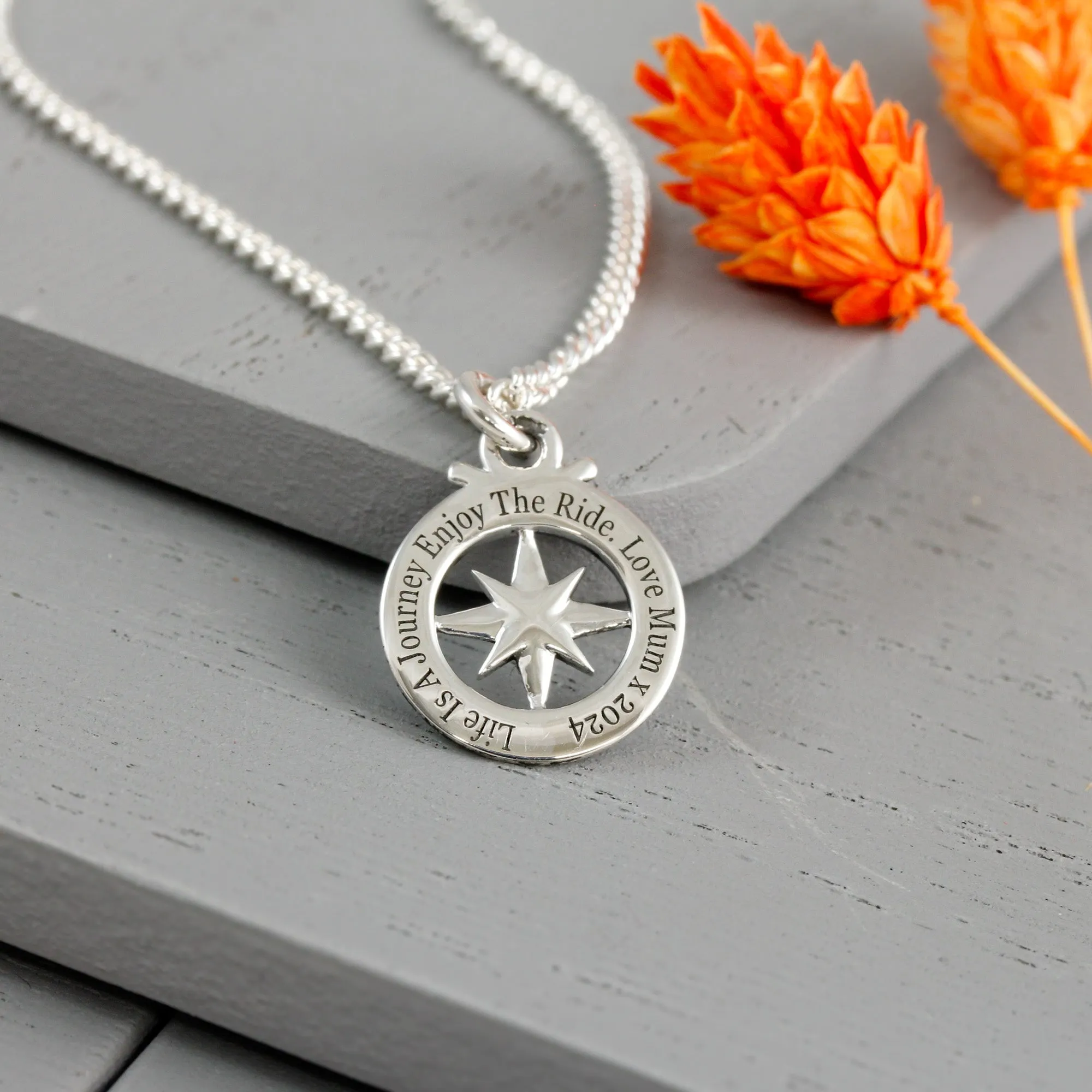 Travel Safe Outline Compass Small St Christopher Silver Necklace