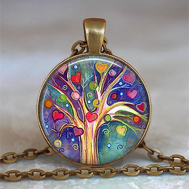 Tree Of Life Glass Cabochon Statement Necklace & Pendant Jewelry