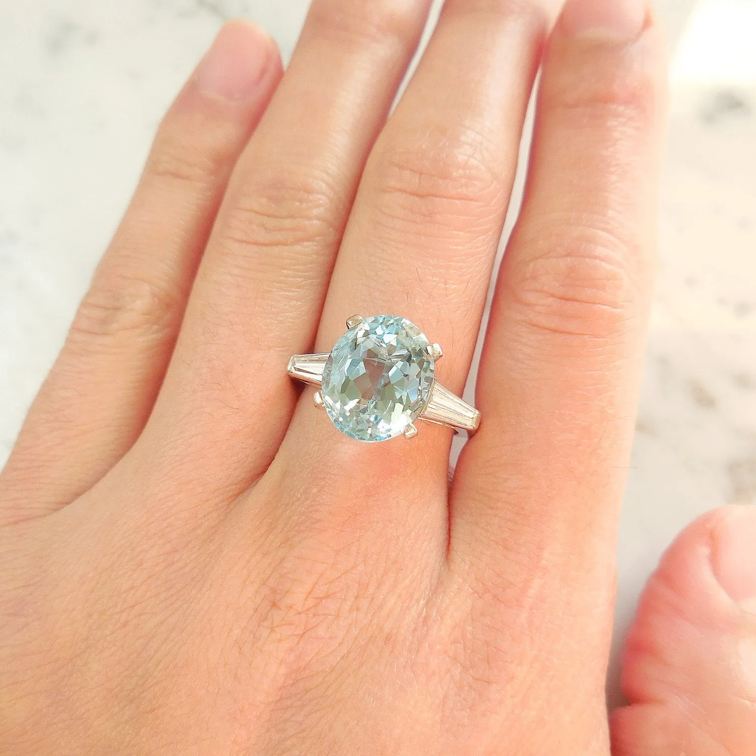 Vintage Aquamarine and Baguette Diamond Ring in Platinum - Aquamarine Diamond Platinum Ring