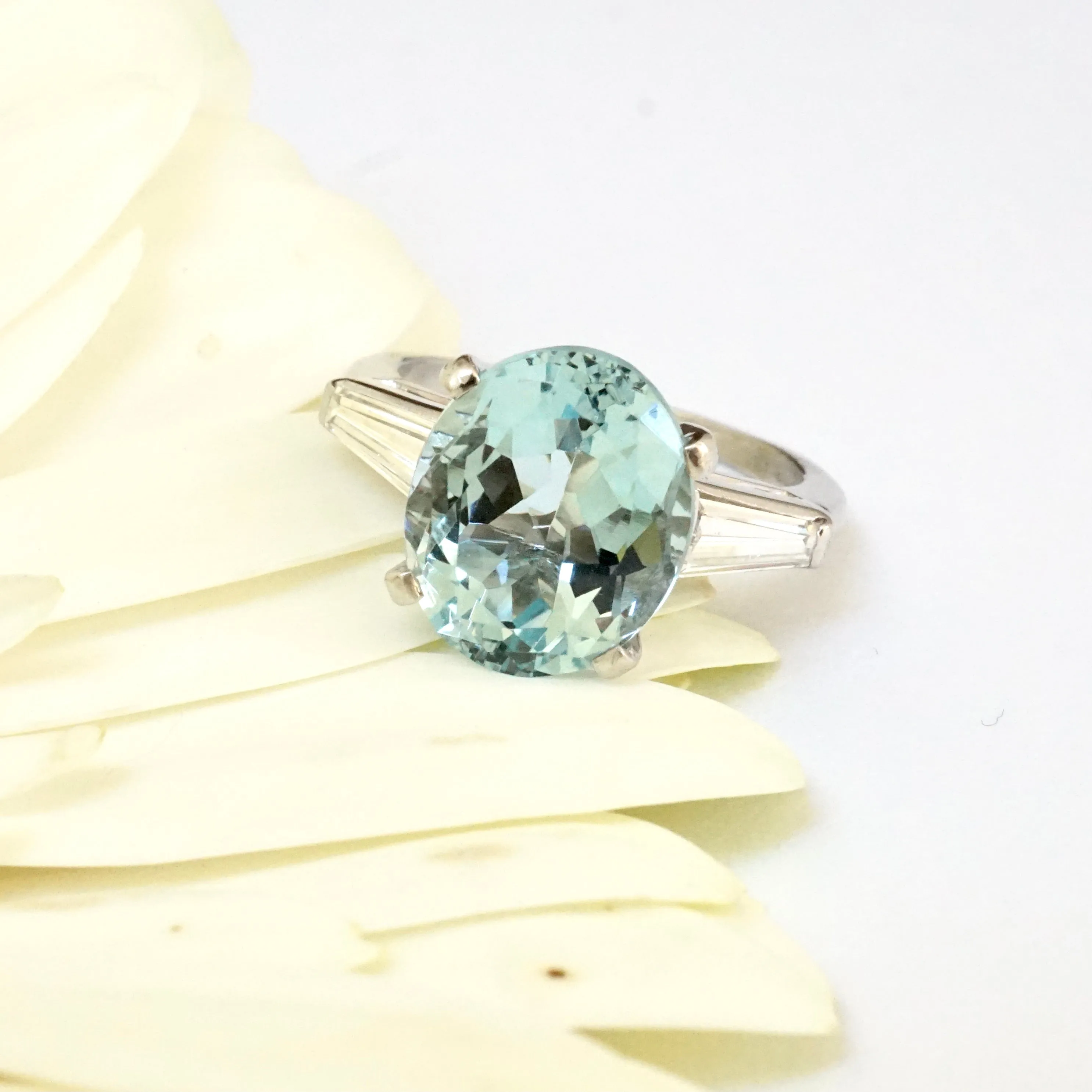 Vintage Aquamarine and Baguette Diamond Ring in Platinum - Aquamarine Diamond Platinum Ring