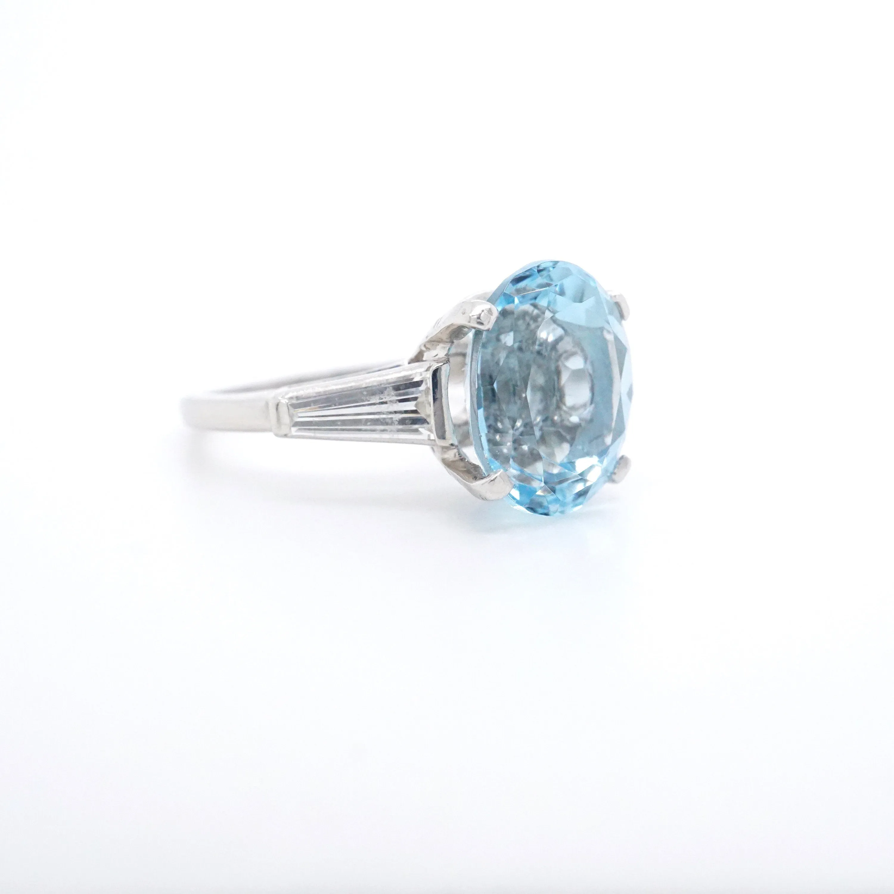 Vintage Aquamarine and Baguette Diamond Ring in Platinum - Aquamarine Diamond Platinum Ring