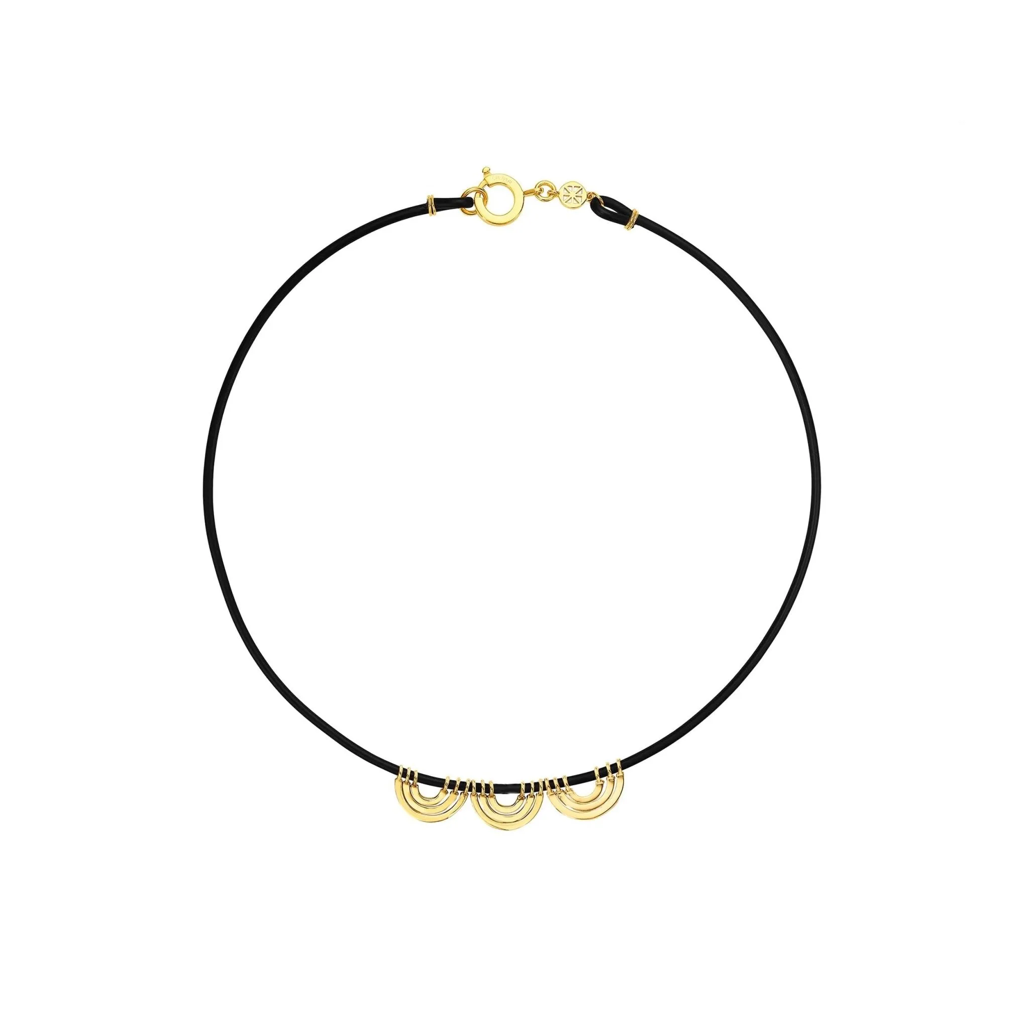 Yellow Gold Water Alternative Necklace with Black Rubber and 3 Wave Beads